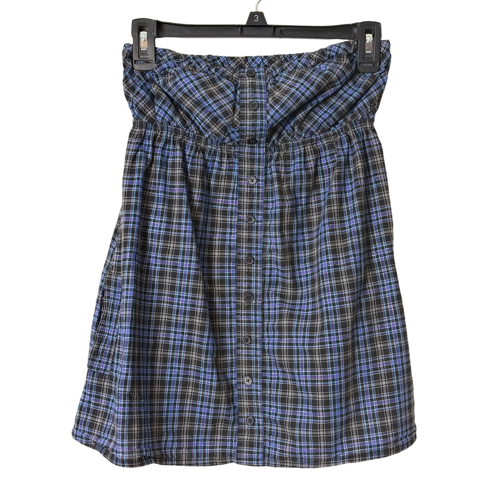 Arizona Plaid Tube Top Blue Black Button Front Y2K Grunge